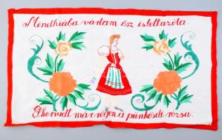 Kézzel hímzett gyermek falvédő, "Mindhiába vártam, ősz is lett azóta, Elhervadt már régen a pünkösdi rózsa" felirattal, 44x76 cm