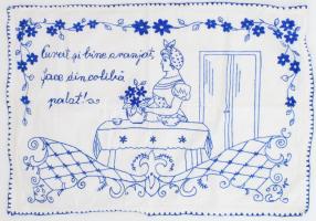 Kézzel hímzett konyhai falvédő, román felirattal, 48x71 cm