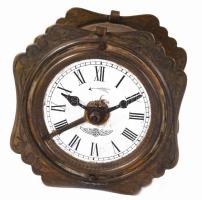 Régi német ébresztőóra, vekker, díszes réz házzal, 8,5x8,5x5,5 cm