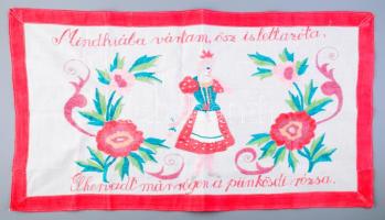 Kézzel hímzett gyermek falvédő, "Mindhiába vártam, ősz is lett azóta, Elhervadt már régen a pünkösdi rózsa" felirattal, 44x78 cm