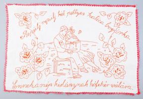 Kézzel hímzett konyhai falvédő, "Repülj repülj hétpettyes katica-bogárka, Ennek a szép kislánynak hófehér vállára" felirattal, 46x68 cm