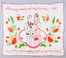 Kézzel hímzett konyhai falvédő, "Mikor egy mosolynak ezer könny a vége, nem kell a boldogság, csak a csendes béke" felirattal, 53x65 cm