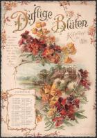1899 Duftige Blüten. Kalender für 1899. Nürnberg, Theo. Stroefer's Kunstverlag, 12 sztl. lev. 1899-es naptár. Díszes litografált lapok, a címlap dombornyomott, m. kir. naptárbélyeggel, szalag hiánnyal, 31x21 cm