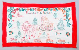 Kézzel hímzett gyermek falvédő, Piroska és a farkas mintával, sérüléssel, 42x74 cm