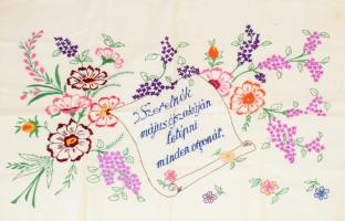 Kézzel hímzett konyhai falvédő, "Szeretnék május éjszakáján letépni minden orgonát" felirattal, folttal 55x80 cm