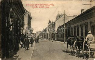1911 Csíkszereda, Miercurea Ciuc; Apaffy (Apafi) Mihály utca, üzletek. Szvoboda Miklós kiadása / street view, shops (EM)