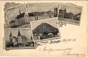 1899 Déva, Vármegyeháza, Piactér, Fő utca, Déva vára, Vajdahunyad vára. Hirsch Adolf kiadása / county hall, market square, main street, castle, castle in Hunedoara. Art Nouveau, floral (EK)