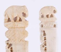 2 db csontból készült levélbontó elefánt faragással, h: 18,5 és 25 cm