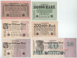Németország / Weimari Köztársaság 1923. 100.000M + 200.000M + 3.000.000M (2xklf) + 5.000.000M + 20.000.000M T:AU-F  Germany / Weimar Republic 1923. 100.000 Mark + 200.000 Mark + 3.000.000 Mark (2xdiff) + 5.000.000 Mark + 20.000.000 Mark C:AU-F