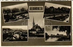 1942 Dés, Dej; Városi strand, Park részlet, Látkép, Református templom, Szamos híd / swimming pool, general view, Calvinist church, Somes, river, bridge, park (gyűrődés/crease)