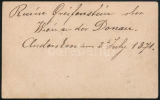 1871 Greifenstein vára a Duna mellett, keményhátú fotó, a hátoldalon feliratozva, 6x10 cm