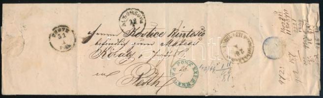 1850 körül Levél Romániából kék "POST EXPED. KRAYOWA" bélyegzéssel, az alt-orsovai fertőtlenítő állomáson fertőtlenítva, Pestre