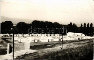 1961 Vác; KISZ-tábor, Buki-sziget. photo + "DCM (Dunai Cement Művek) 1961. júl. 27. Rózsa Ferenc Önkéntes Ifjúsági Építőtábor" So. Stpl (EB)