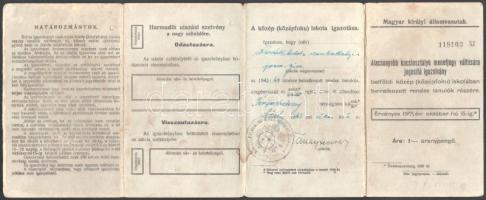 1943 Szombathely, igazolvány tanuló részére kedvezményes vasúti jegy váltására