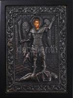 Ikon. Szent Mihály Arkangyal. Ezüst (Ag) okláddal borítva, jelzett. Hátoldalán etikett tanúsítja, ho...