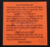 Ikon. Szent Mihály Arkangyal. Ezüst (Ag) okláddal borítva, jelzett. Hátoldalán etikett tanúsítja, ho...