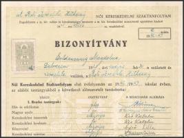1943 Bp., Pesti Izraelita Hitközség kereskedelmi szaktanfolyam bizonyítvány