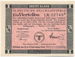 Német Harmadik Birodalom 1944. "12. Deutsche Reichslotterie (12. Német Birodalmi Sorsjáték)" 2. osztály 1/4 sorsjegye, vízjeles papíron, sorszámozással T:AU German Third Reich 1944. "12. Deutsche Reichslotterie (12. German Reich Lottery)" 2nd class 1/4 lottery ticket on watermarked paper, with serial number C:AU