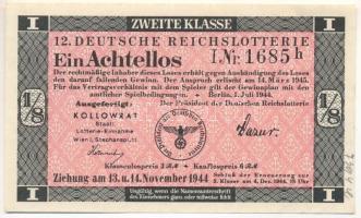 Német Harmadik Birodalom 1944. "12. Deutsche Reichslotterie (12. Német Birodalmi Sorsjáték)" 2. osztály 1/8 sorsjegye, vízjeles papíron, sorszámozással T:AU German Third Reich 1944. "12. Deutsche Reichslotterie (12. German Reich Lottery)" 2nd class 1/8 lottery ticket on watermarked paper, with serial number C:AU