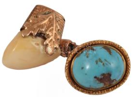 Arany (Au) fülbevaló pár, jelzett, 14k, szarvasfog berakással, később hozzátoldott türkiz berakásos ...