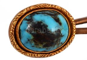 Arany (Au) fülbevaló pár, jelzett, 14k, szarvasfog berakással, később hozzátoldott türkiz berakásos ...