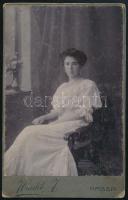 cca 1910 Elegáns fiatal hölgy portréja, kabinetfotó Hradil József kassai műterméből, szecessziós verzóval, viseltes állapotban, 16,5x10,5 cm. Ritka!