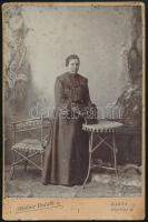 cca 1890-1900 Hölgy egészalakos portréja, kabinetfotó a kassai "Rafael" műteremből (Fő utca 45.), foltos, 16,5x11 cm. Ritka!