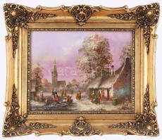 Kovács József (1948-): Élet az utcán. Olaj, farost, jelzett, dekoratív fakeretben, 24x30 cm