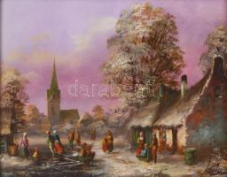 Kovács József (1948-): Élet az utcán. Olaj, farost, jelzett, dekoratív fakeretben, 24x30 cm