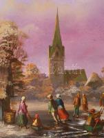 Kovács József (1948-): Élet az utcán. Olaj, farost, jelzett, dekoratív fakeretben, 24x30 cm