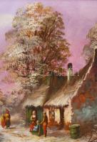 Kovács József (1948-): Élet az utcán. Olaj, farost, jelzett, dekoratív fakeretben, 24x30 cm