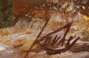 Kovács József (1948-): Élet az utcán. Olaj, farost, jelzett, dekoratív fakeretben, 24x30 cm