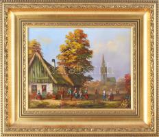 Kovács József (1948-): Táncoló társaság. Olaj, farost, jelzett, dekoratív fakeretben, 23,5x29,5 cm