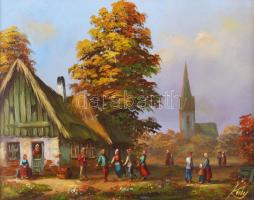 Kovács József (1948-): Táncoló társaság. Olaj, farost, jelzett, dekoratív fakeretben, 23,5x29,5 cm