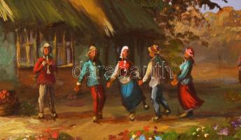 Kovács József (1948-): Táncoló társaság. Olaj, farost, jelzett, dekoratív fakeretben, 23,5x29,5 cm