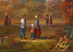 Kovács József (1948-): Táncoló társaság. Olaj, farost, jelzett, dekoratív fakeretben, 23,5x29,5 cm