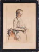 Prihoda István (1891-1956): Lányka. Színezett rézkarc, papír, jelzett. Néhány kevés apró folttal. Dekoratív, sérült üvegezett fakeretben. 37,5x26 cm