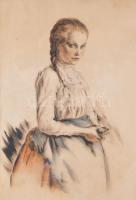 Prihoda István (1891-1956): Lányka. Színezett rézkarc, papír, jelzett. Néhány kevés apró folttal. De...