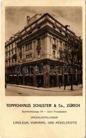 1936 Zürich, Teppichhaus Schuster and Co., Bahnhofstrasse 18 - beim Paradeplatz, Spezialabteilungen, Linoleum, Vorhang- und Möbelstoffe / carpet company, advertisement, street view. (EB)