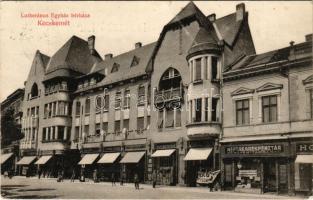 1912 Kecskemét, Lutheránus Egyház bérháza, Kemény Izidor, Csapó Lajos, Fleischer Kálmán, Sasvári Böske üzlete, Néptakarékpénztár Részvénytársaság. Szél Nándor kiadása (EK)