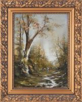 Olvashatatlan jelzéssel: Vadász az erdőben. Olaj, farost. Dekoratív fakeretben. 40x30 cm