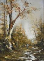 Olvashatatlan jelzéssel: Vadász az erdőben. Olaj, farost. Dekoratív fakeretben. 40x30 cm