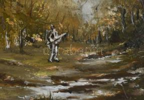 Olvashatatlan jelzéssel: Vadász az erdőben. Olaj, farost. Dekoratív fakeretben. 40x30 cm