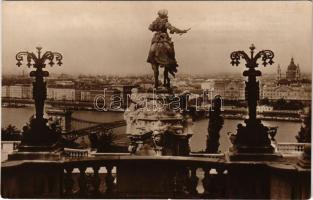 Budapest I. kilátás a pesti oldalra, Savoyai Jenő főherceg szobra, Szent István Bazilika. Szénásy Béla kiadása, Foto Erdélyi