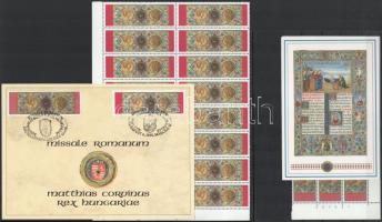 1993 Mátyás király misekönyve összeállítás: 5 db blokk, belga bélyeg hatostömb, magyar bélyeg 16-os tömb + emléklap