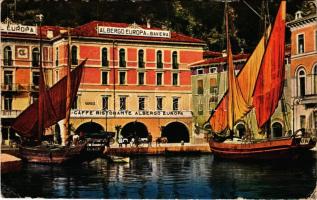 1929 Lago di Garda, Riva (Südtirol); Albergo Europa Baviera, Hotel Europa, Caffe Ristorante Albergo Europa, port, sailing boat, cafe. Cesare Capello (EB)
