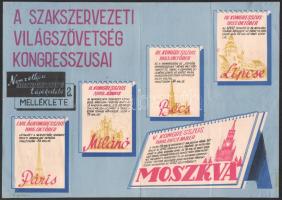 1961 A Szakszervezeti Világszövetség kongresszusai, szocialista propaganda plakát, papír, SZOT Rotaprint, hajtásnyomokkal, lapszéli szakadásokkal, 27x38,5 cm