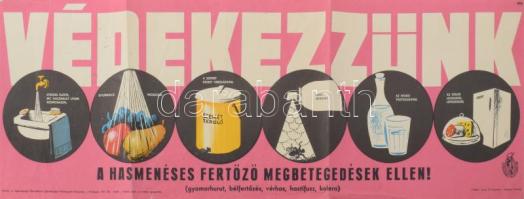 1971 Védekezzünk a hasmenéses fertőző megbetegedések ellen! Egészségügyi felvilágosító plakát, papír, Zrínyi Nyomda, hajtásnyomokkal, apró lapszéli szakadásokkal, 24x67 cm