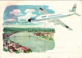 A MALÉV IL-18 típusú turbólégcsavaros repülőgépe Budapest felett. Magyar Légiközlekedési Vállalat. Képzőművészeti Alap Kiadóvállalat / MALÉV's turbo-prop airliner type IL-18 over Budapest. Hungarian Air Transport + "A levegő meghódítása kiállítás Közlekedési Múzeum-Rákospalotai Múzeum Budapest 1961" So. Stpl. (kis szakadás / small tear)