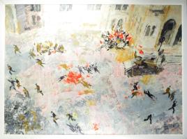 Gulyás Dénes (1927-2003): 1956 Kossuth téri sortűz a Parlamentnél. Olaj, farost, jelzett, keretben, 60×80 cm